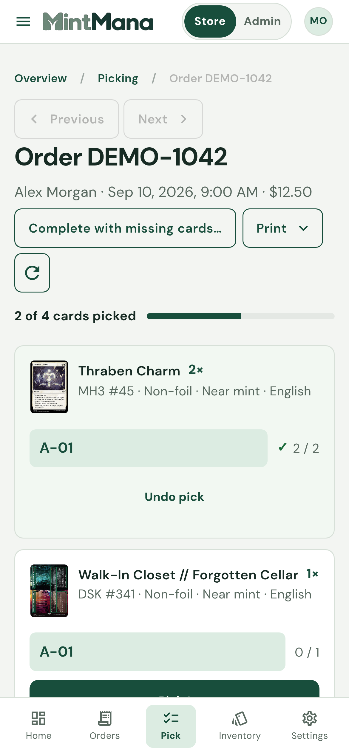 CardPicker picking workspace showing exact card printing, storage location, quantity, and a Pick action.